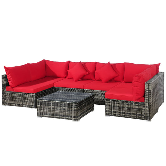 7 Pieces Patio Rattan Furniture Set Sectional Sofa Garden Cushion, Red - Gallery Canada