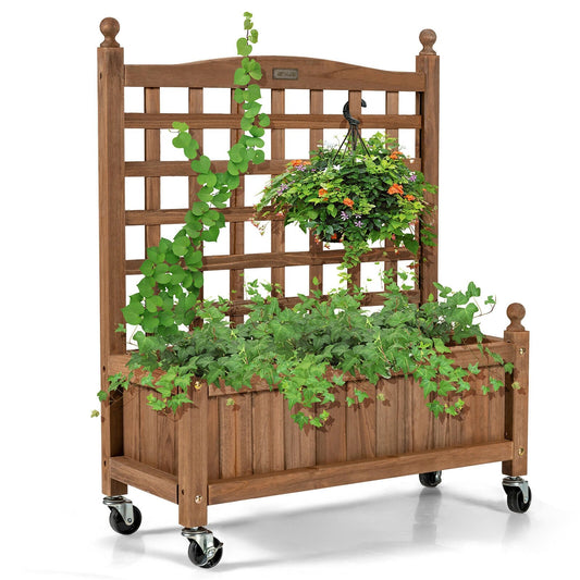 32in Wood Planter Box with Trellis Mobile Raised Bed for Climbing Plant, Brown