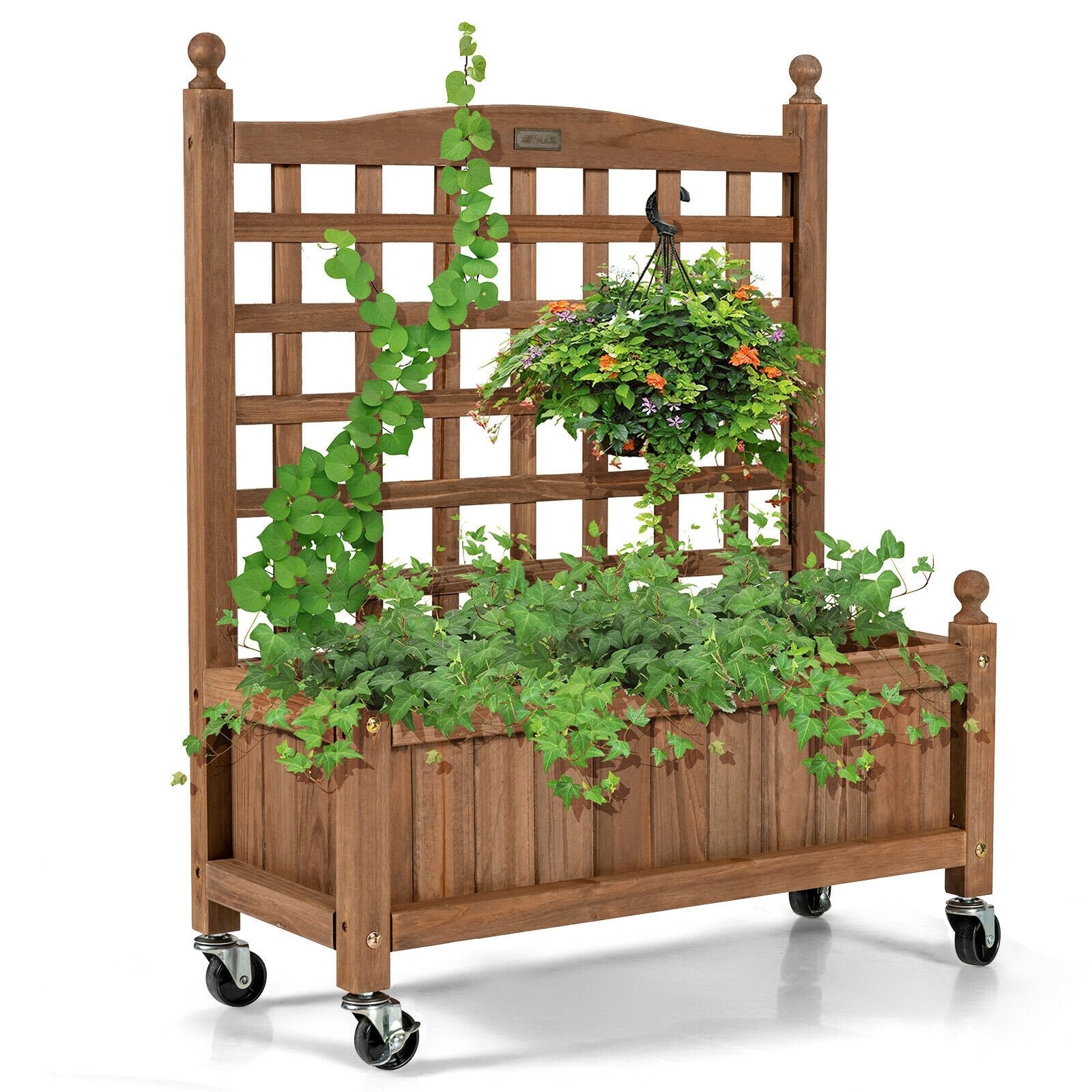 32in Wood Planter Box with Trellis Mobile Raised Bed for Climbing Plant, Brown at Gallery Canada