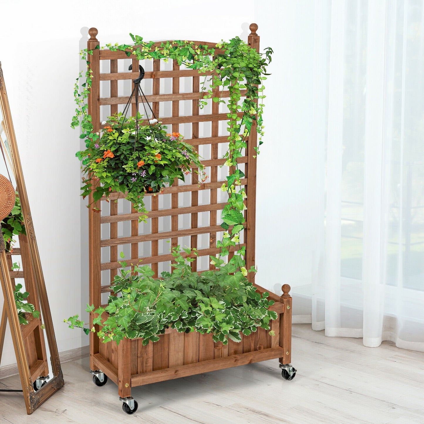 50 Inch Wood Planter Box with Trellis Mobile Raised Bed for Climbing Plant, Brown Raised Garden Beds at Gallery Canada