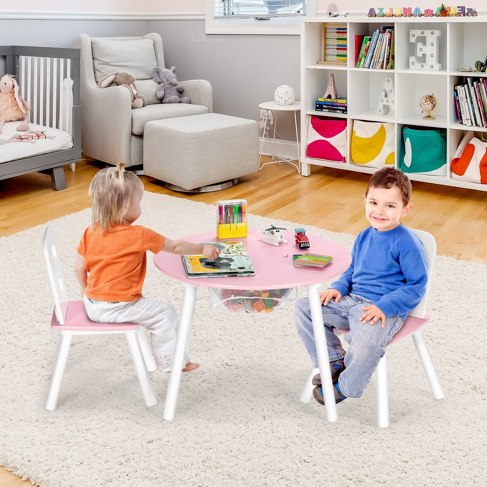 Wood Activity Kids Table and Chair Set with Center Mesh Storage for Snack Time and Homework, Pink - Gallery Canada