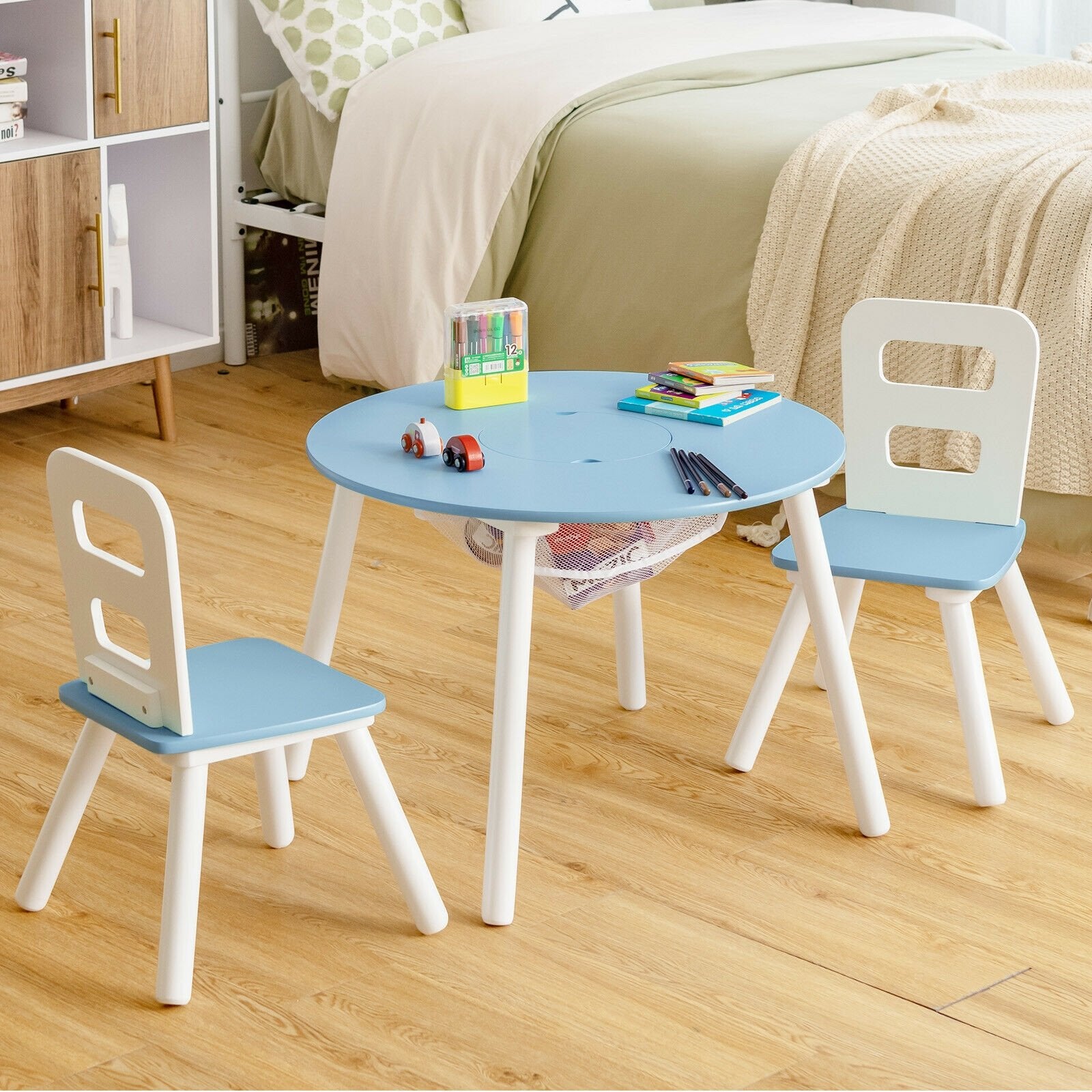 Wood Activity Kids Table and Chair Set with Center Mesh Storage for Snack Time and Homework, Blue - Gallery Canada