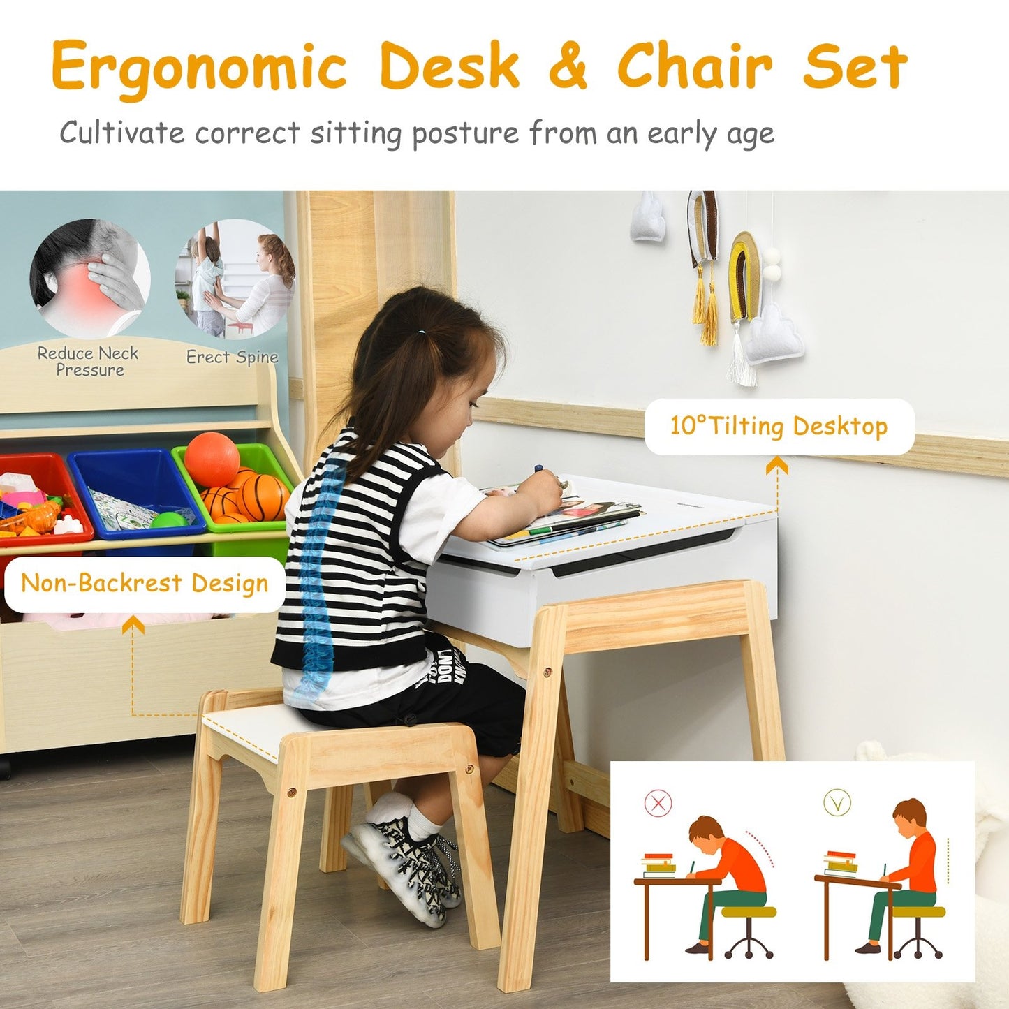Children Activity Art Study Desk and Chair Set with Large Storage Space for Kids Homeschooling, White - Gallery Canada