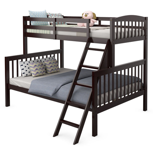 Twin over Full Bunk Bed Rubber Wood Convertible with Ladder Guardrail, Dark Brown - Gallery Canada