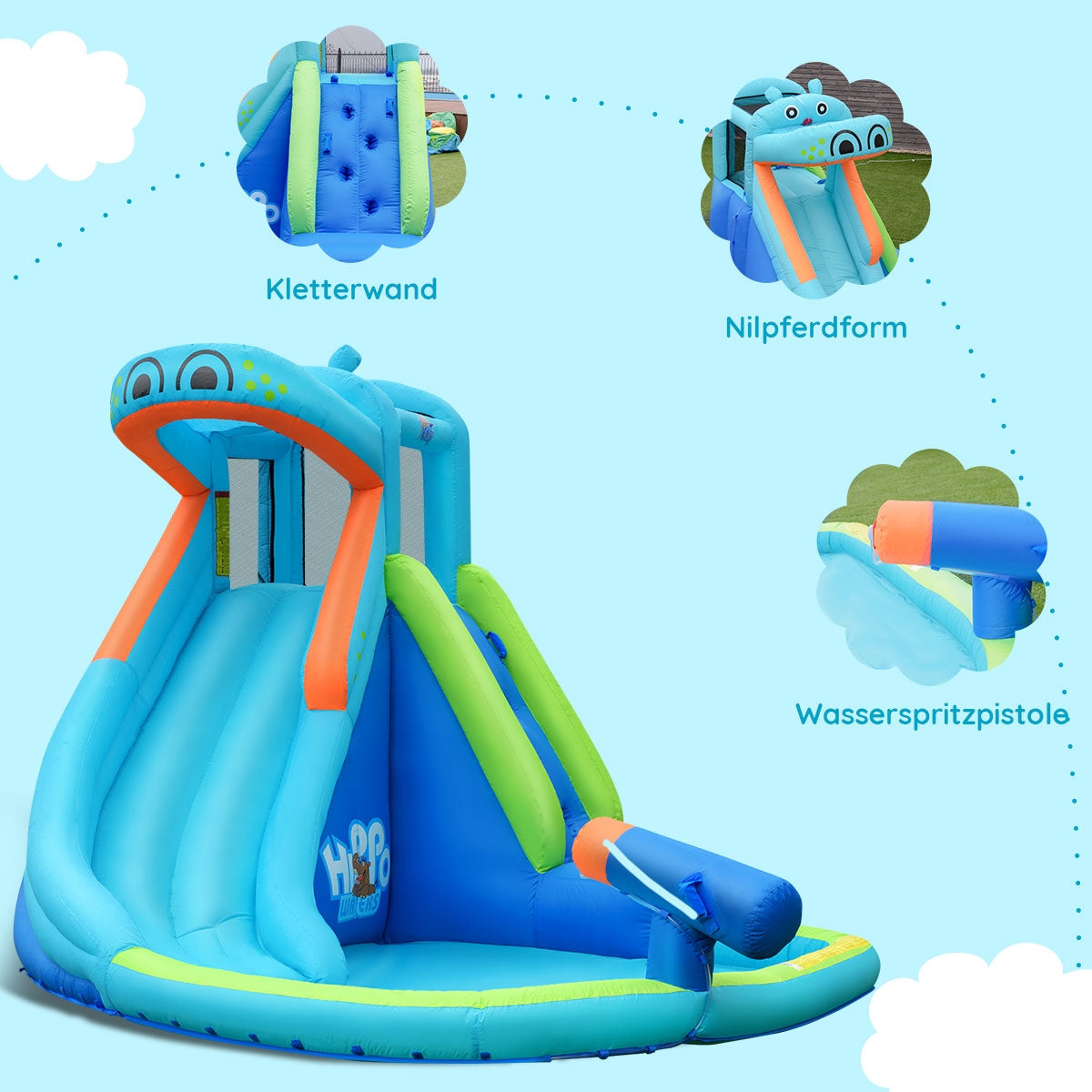 Inflatable Water Pool with Splash and Slide Without Blower, Blue Bounce House at Gallery Canada