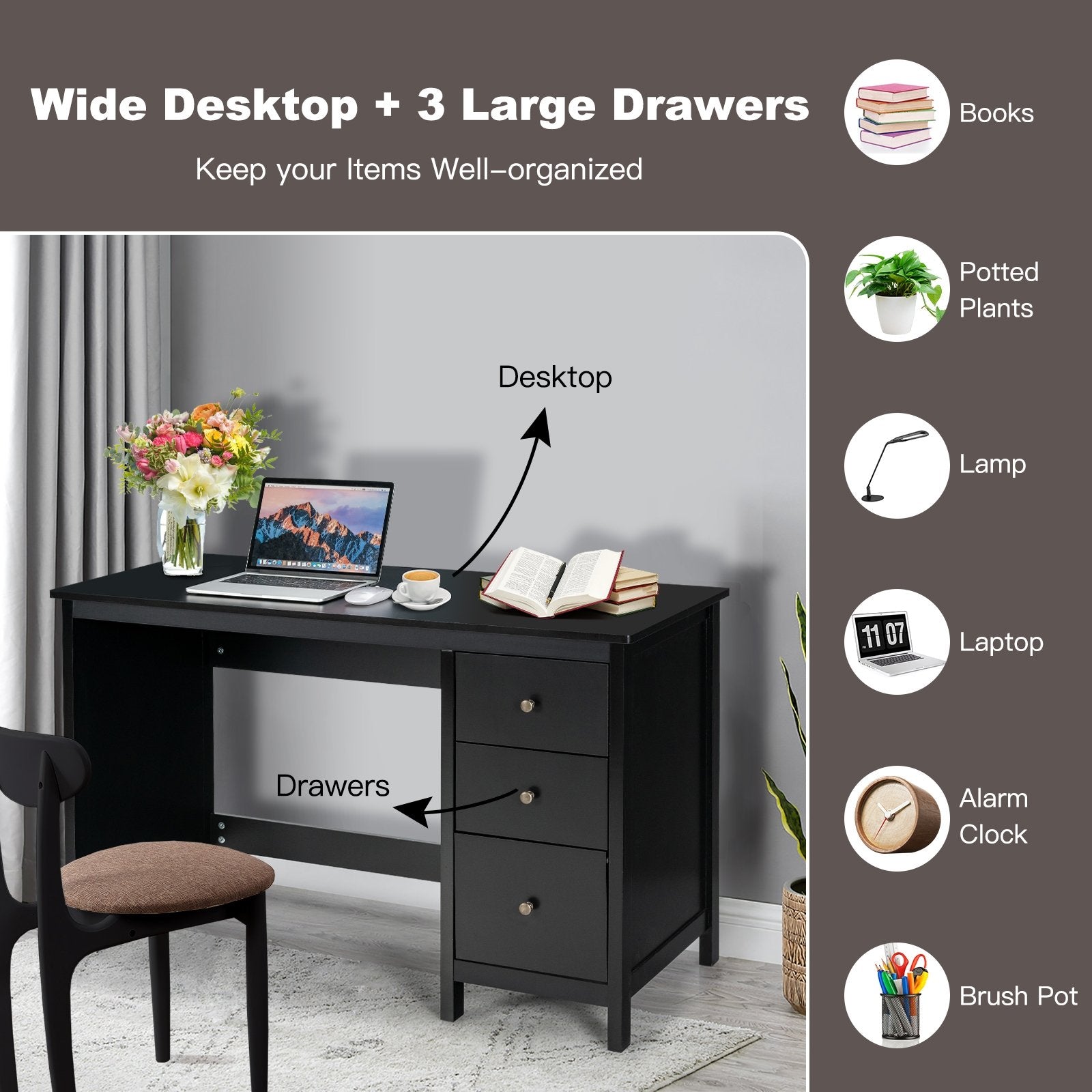 3-Drawer Home Office Study Computer Desk with Spacious Desktop, Black - Gallery Canada