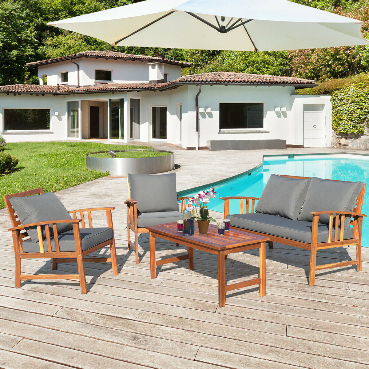 Wooden Patio Furniture Set, 4 Pieces, Table And Sofa Chair, Gray Patio Conversation Sets at Gallery Canada