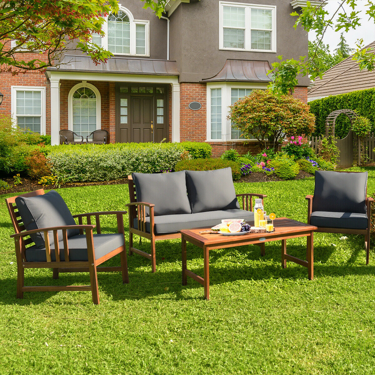 Wooden Patio Furniture Set, 4 Pieces, Table And Sofa Chair, Gray Patio Conversation Sets at Gallery Canada