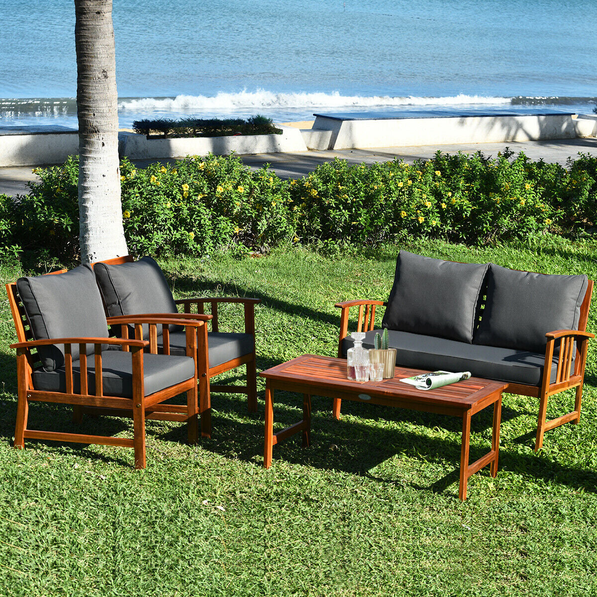 Wooden Patio Furniture Set, 4 Pieces, Table And Sofa Chair, Gray Patio Conversation Sets at Gallery Canada