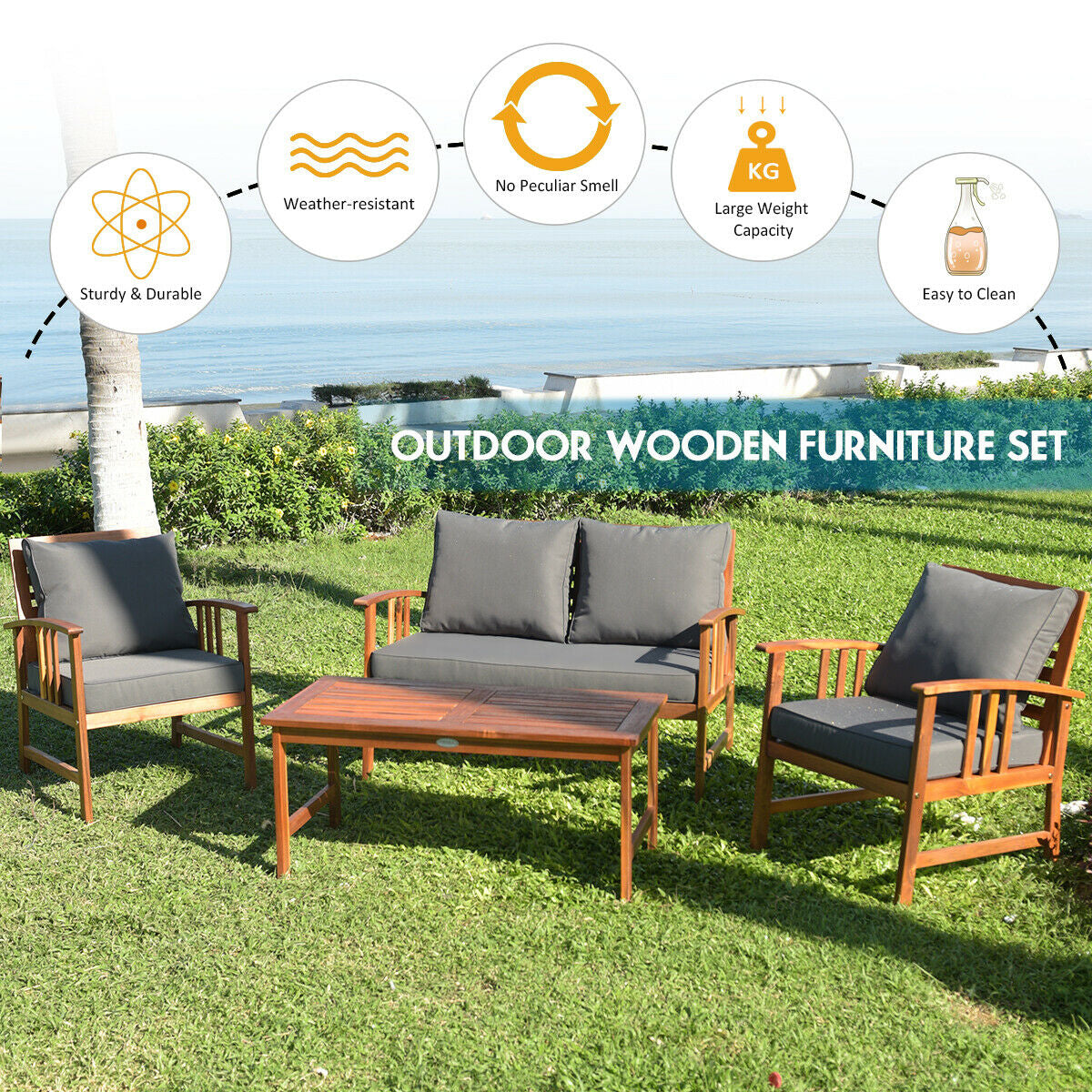 Wooden Patio Furniture Set, 4 Pieces, Table And Sofa Chair, Gray Patio Conversation Sets at Gallery Canada