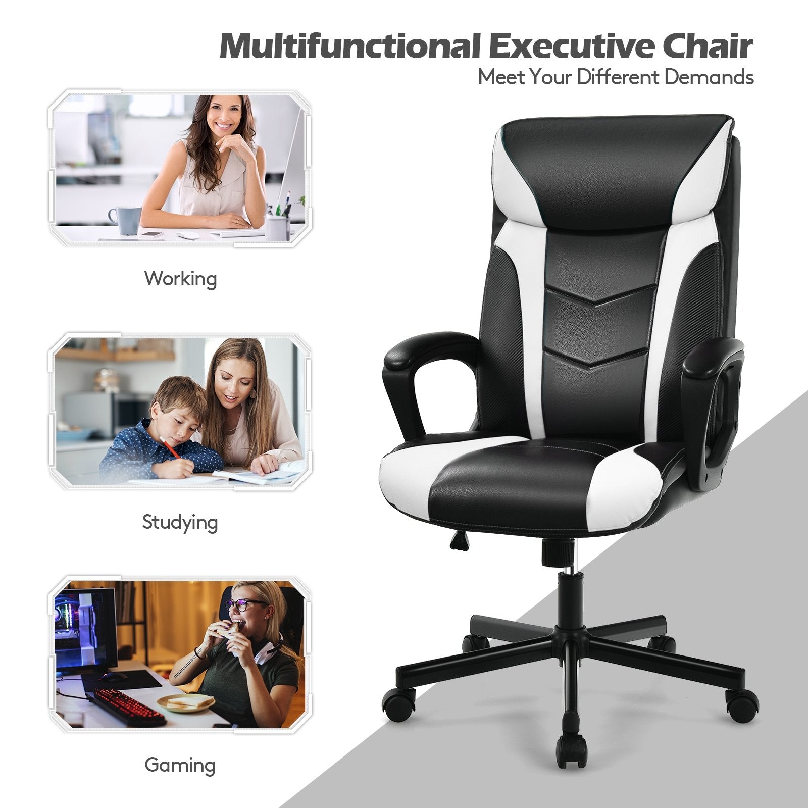 Swivel PU Leather Office Gaming Chair with Padded Armrest, White - Gallery Canada