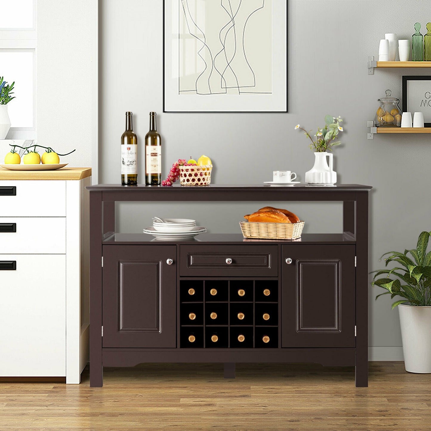 Elegant Classical Multifunctional Wooden Wine Cabinet Table Brown, Brown - Gallery Canada