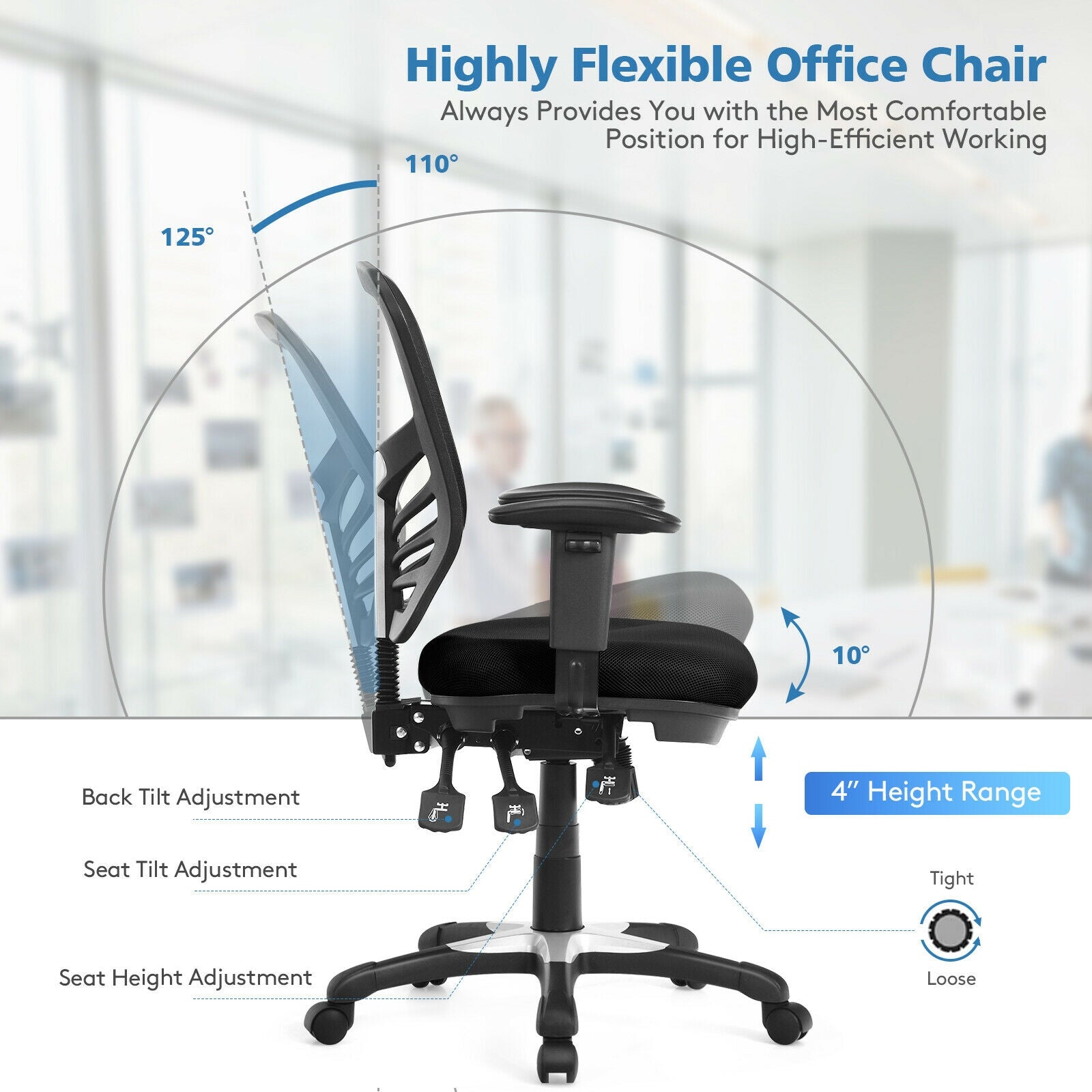 Ergonomic Mesh Office Chair with Adjustable Back Height and Armrests, Black Ergonomic Chairs at Gallery Canada