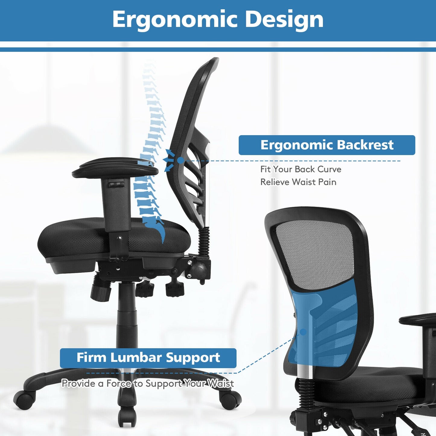 Ergonomic Mesh Office Chair with Adjustable Back Height and Armrests, Black Ergonomic Chairs at Gallery Canada