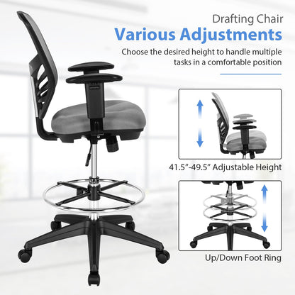 Mesh Drafting Chair Office Chair with Adjustable Armrests and Foot-Ring, Gray - Gallery Canada