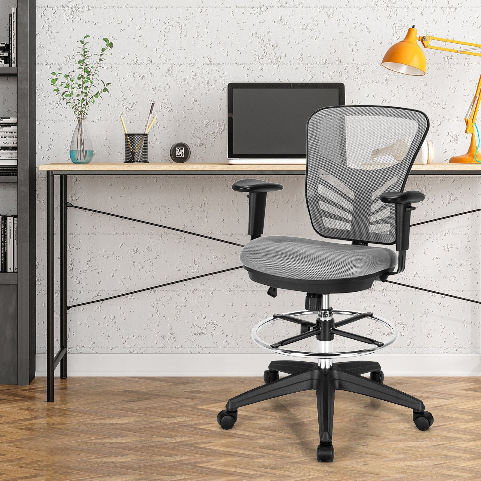 Mesh Drafting Chair Office Chair with Adjustable Armrests and Foot-Ring, Gray - Gallery Canada