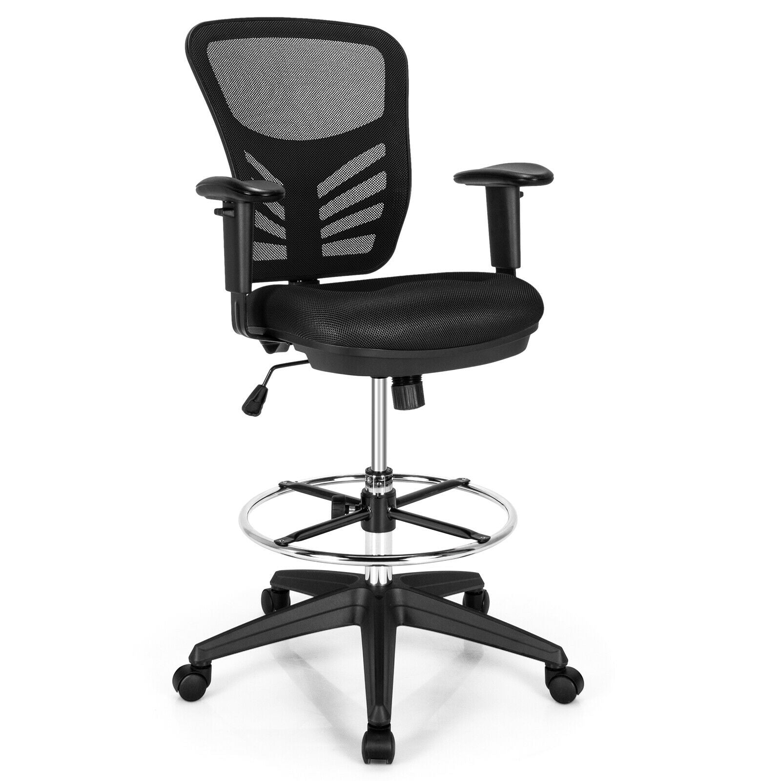 Mesh Drafting Chair Office Chair with Adjustable Armrests and Foot-Ring, Black Mesh Chairs at Gallery Canada