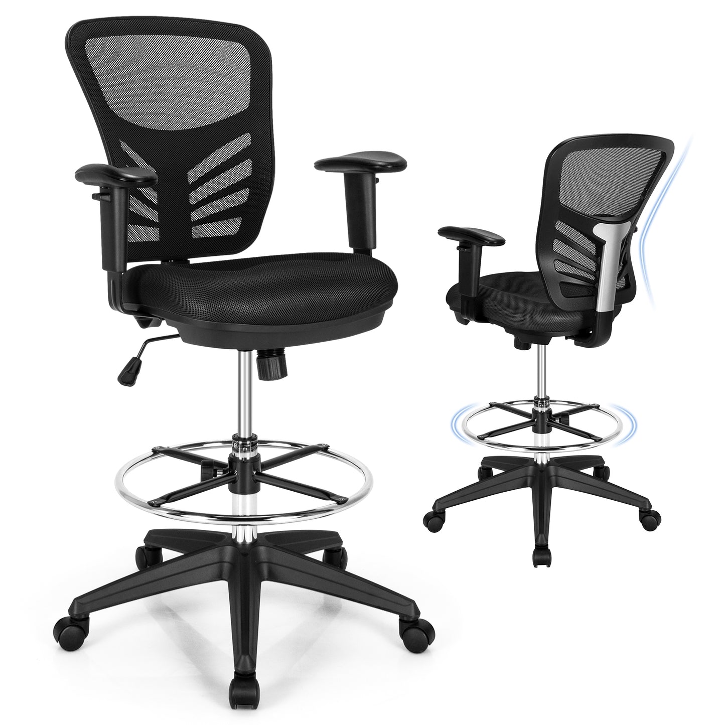Mesh Drafting Chair Office Chair with Adjustable Armrests and Foot-Ring, Black Mesh Chairs at Gallery Canada