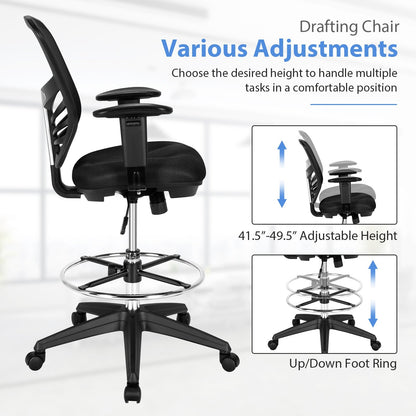 Mesh Drafting Chair Office Chair with Adjustable Armrests and Foot-Ring, Black - Gallery Canada