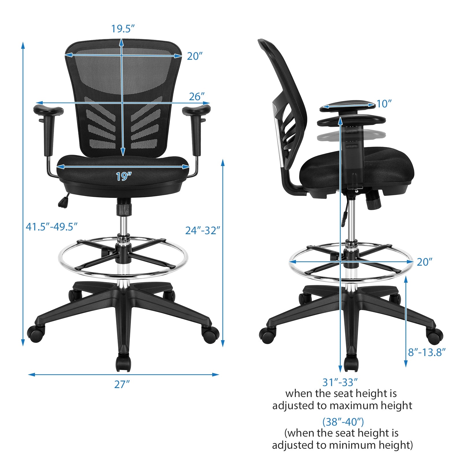 Mesh Drafting Chair Office Chair with Adjustable Armrests and Foot-Ring, Black Mesh Chairs at Gallery Canada