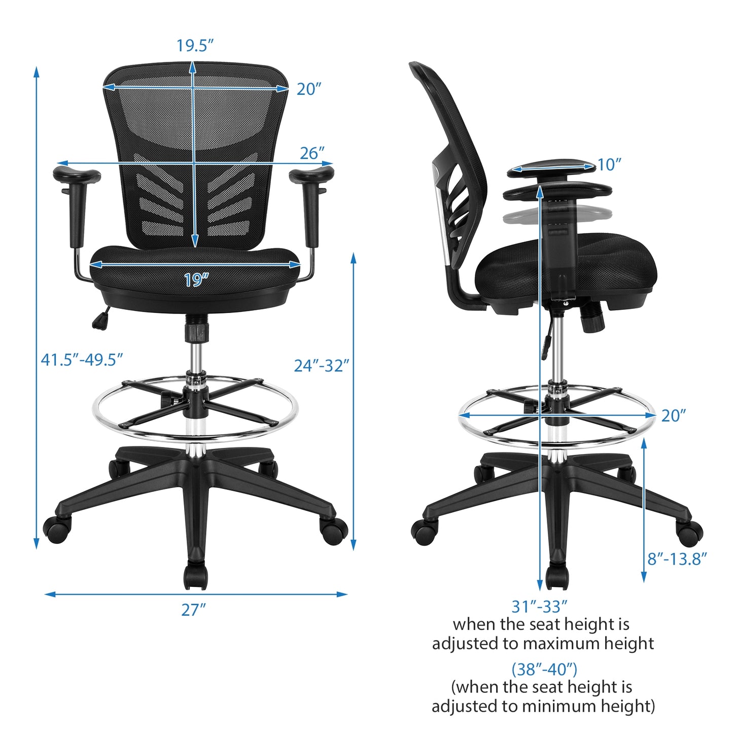 Mesh Drafting Chair Office Chair with Adjustable Armrests and Foot-Ring, Black Mesh Chairs at Gallery Canada