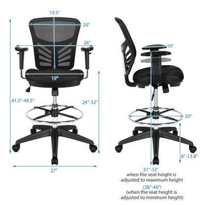 Mesh Drafting Chair Office Chair with Adjustable Armrests and Foot-Ring, Black Mesh Chairs at Gallery Canada
