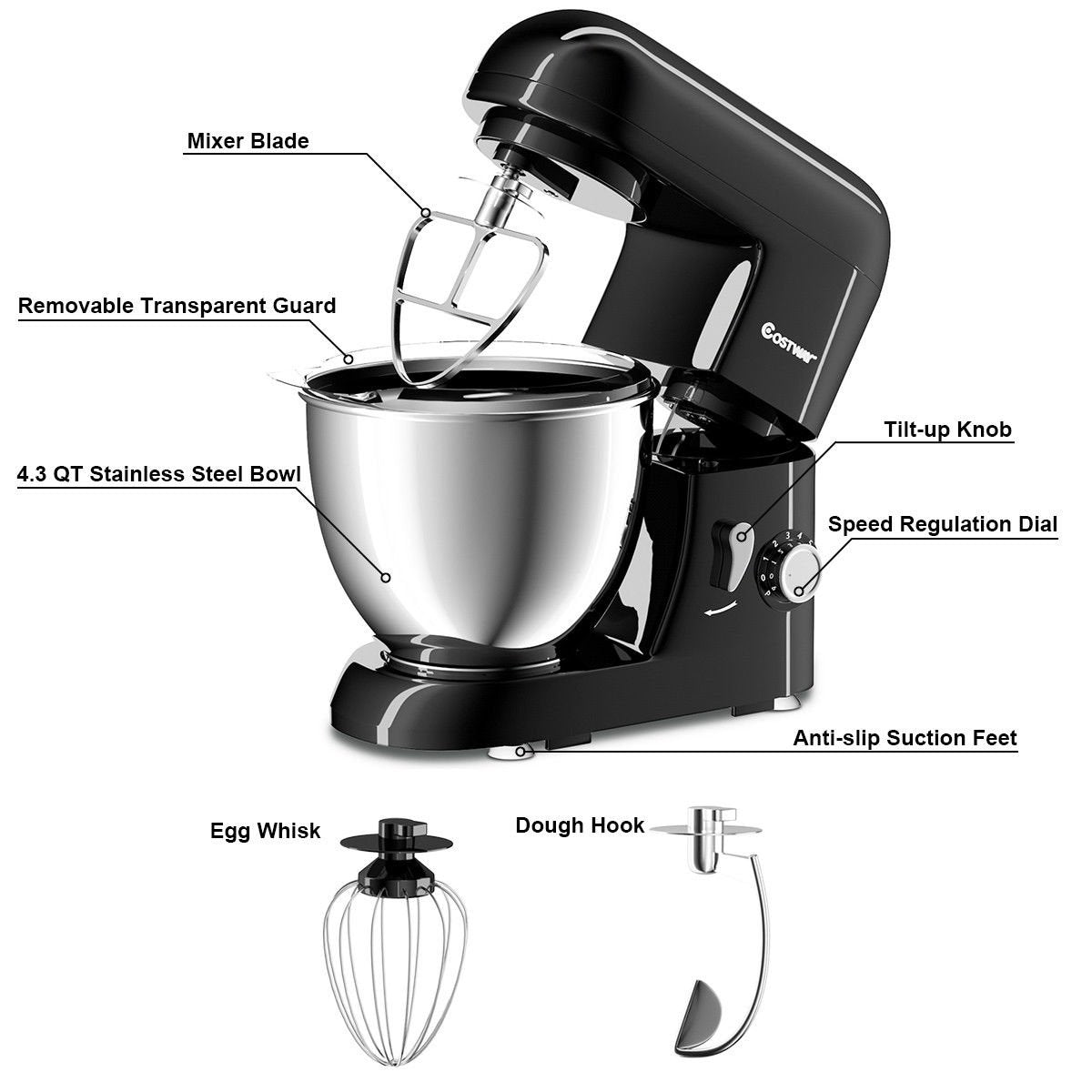 4.3 Qt 550 W Tilt-Head Stainless Steel Bowl Electric Food Stand Mixer, Black - Gallery Canada