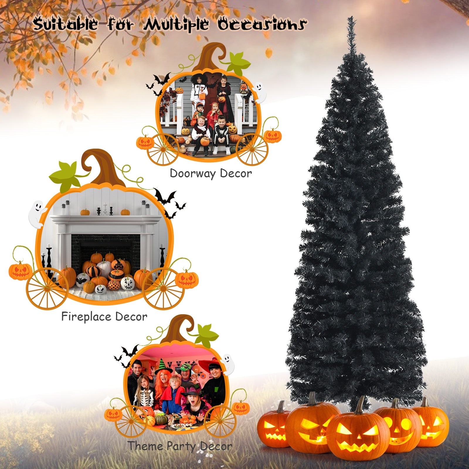 6 Feet Unlit Artificial Christmas Halloween Pencil Tree Black with Metal Stand, Black Christmas Tree at Gallery Canada