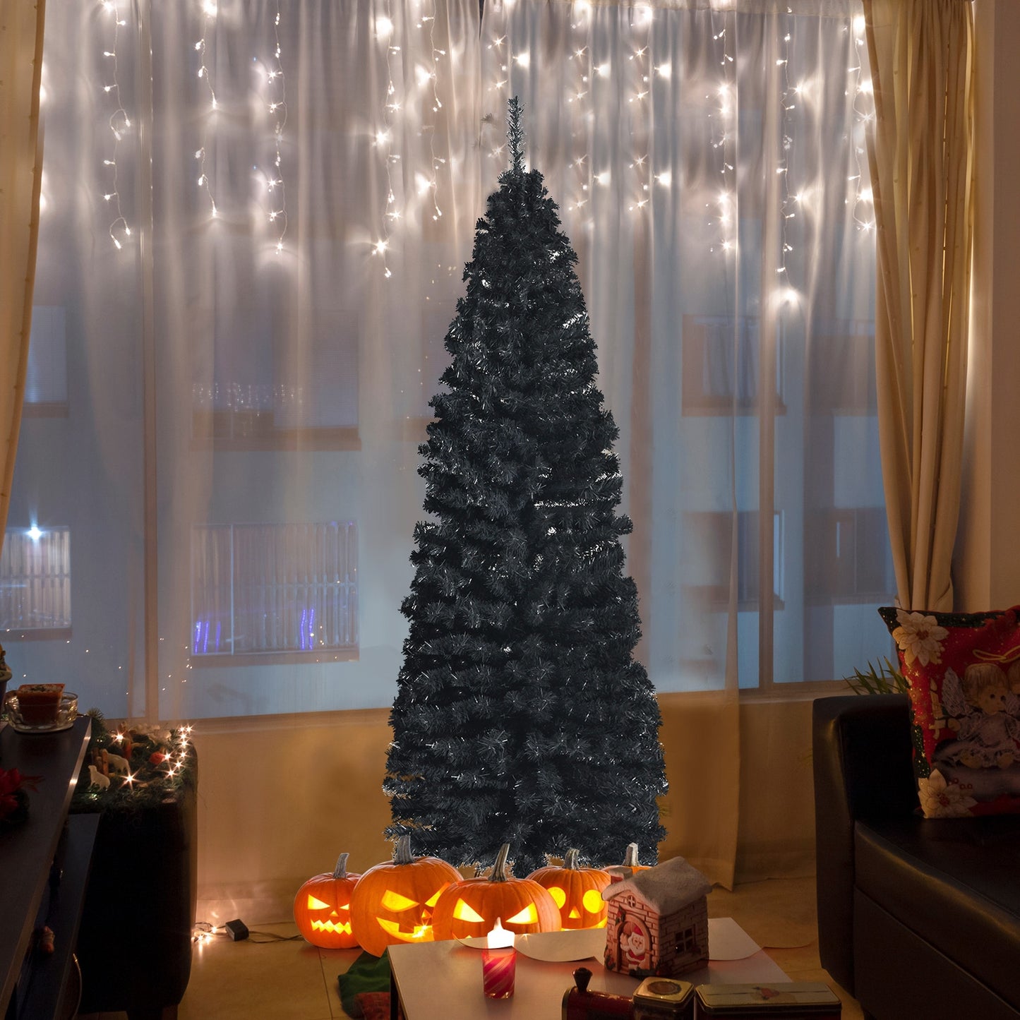 6 Feet Unlit Artificial Christmas Halloween Pencil Tree Black with Metal Stand, Black Christmas Tree at Gallery Canada