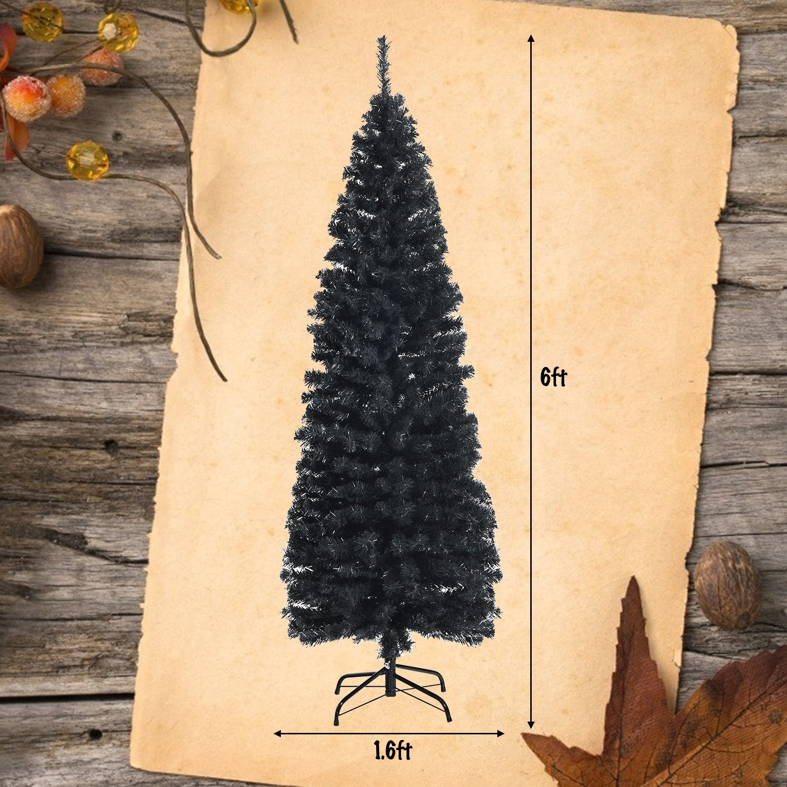 6 Feet Unlit Artificial Christmas Halloween Pencil Tree Black with Metal Stand, Black Christmas Tree at Gallery Canada
