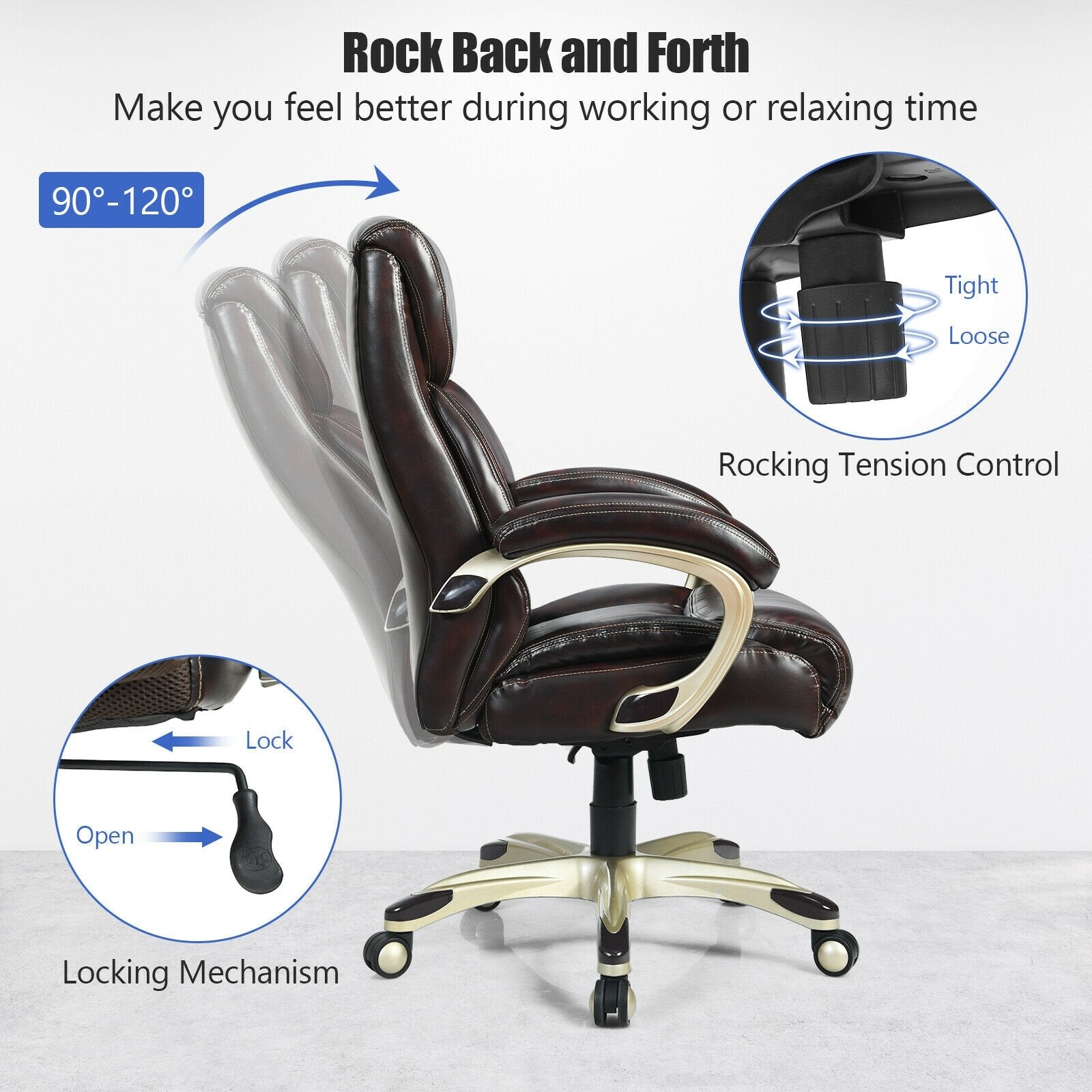 Adjustable Executive Office Recliner Chair with High Back and Lumbar Support, Brown - Gallery Canada