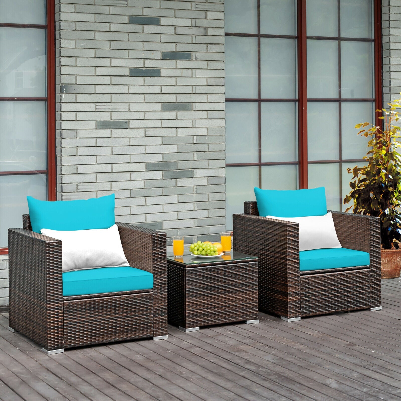 3 Pcs Patio Conversation Rattan Furniture Set with Cushion, Turquoise Patio Conversation Sets at Gallery Canada