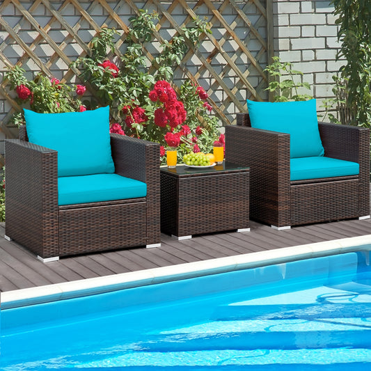 3 Pcs Patio Conversation Rattan Furniture Set with Cushion, Turquoise Patio Conversation Sets Turquoise at Gallery Canada