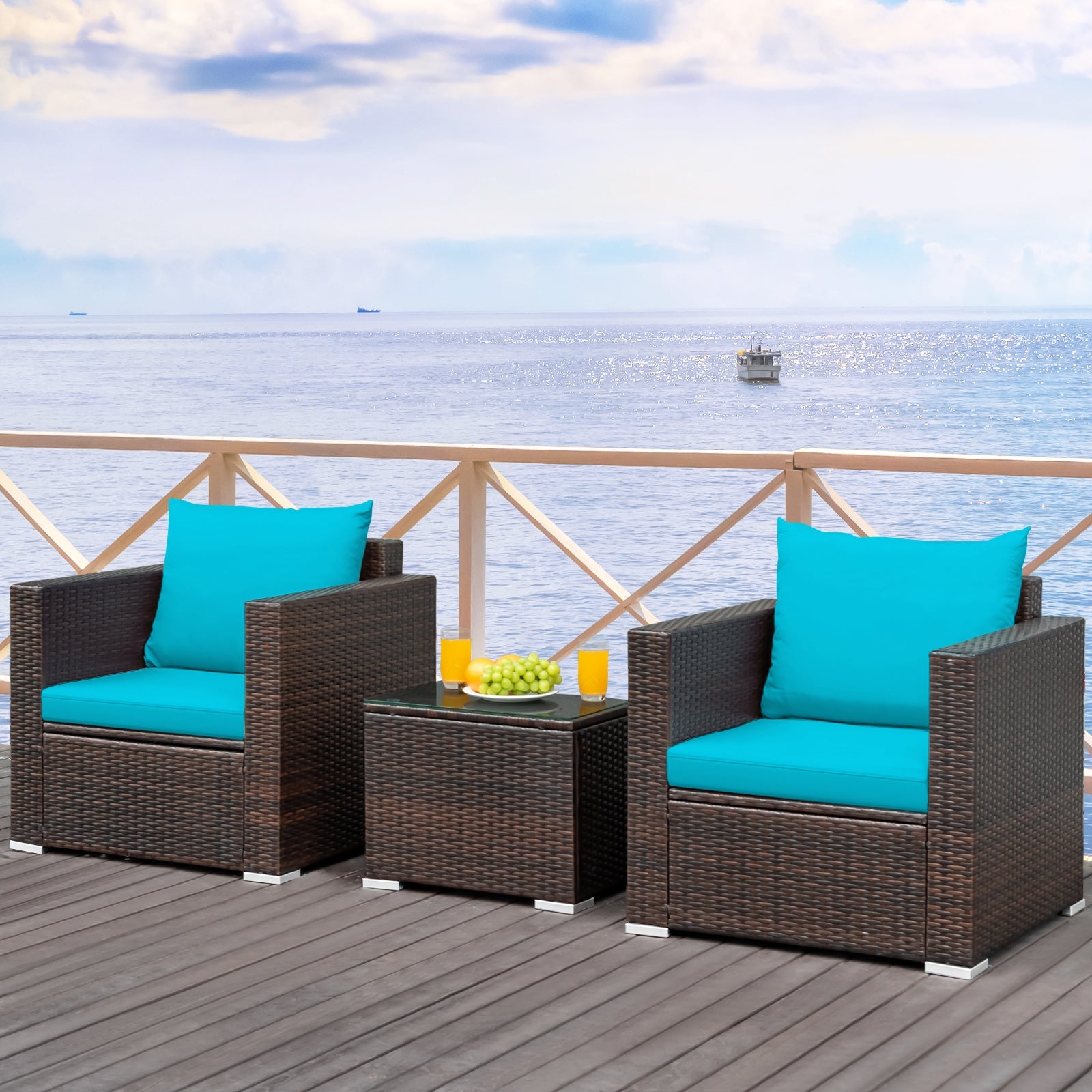 3 Pcs Patio Conversation Rattan Furniture Set with Cushion, Turquoise Patio Conversation Sets at Gallery Canada