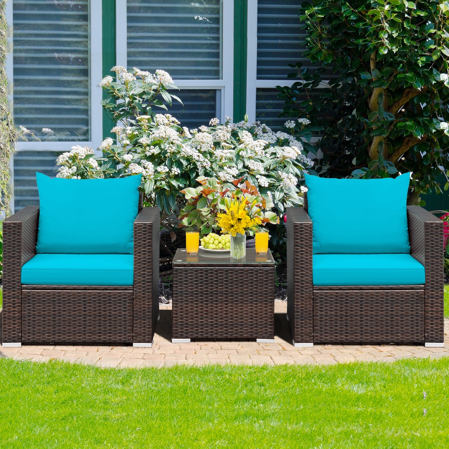 3 Pcs Patio Conversation Rattan Furniture Set with Cushion, Turquoise Patio Conversation Sets at Gallery Canada