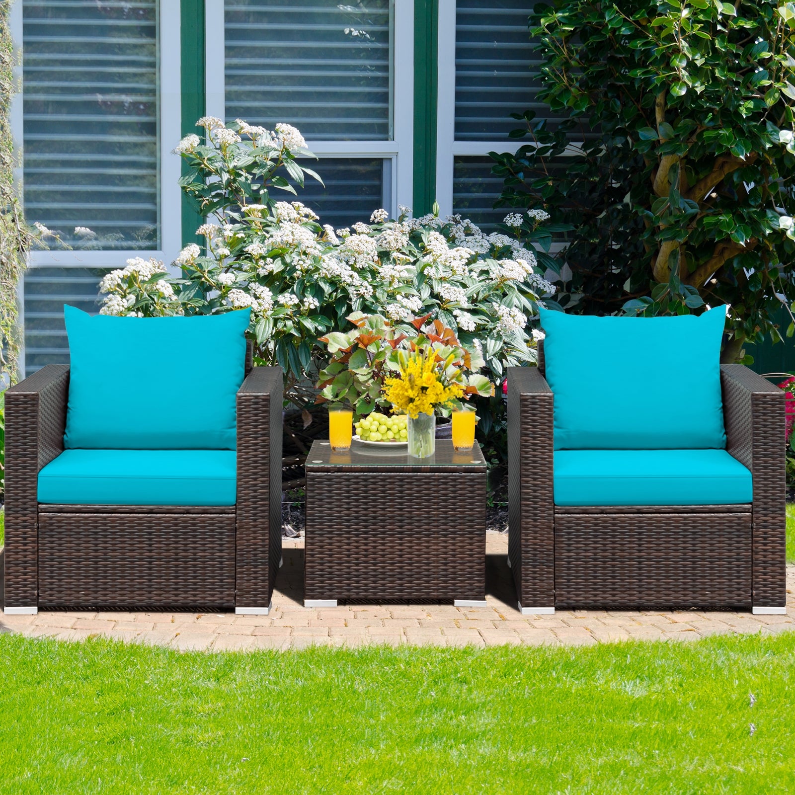 3 Pcs Patio Conversation Rattan Furniture Set with Cushion, Turquoise Patio Conversation Sets at Gallery Canada