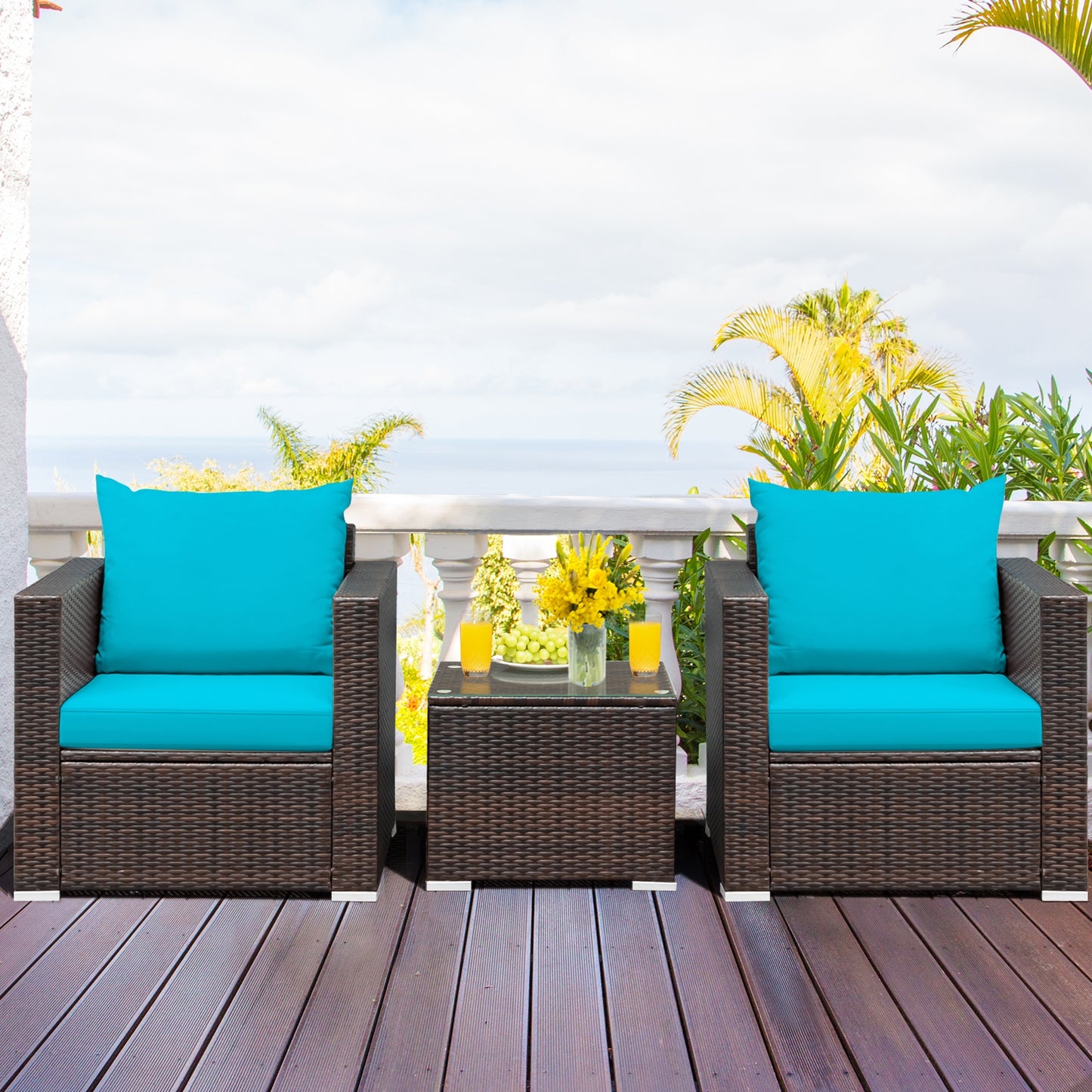 3 Pcs Patio Conversation Rattan Furniture Set with Cushion, Turquoise Patio Conversation Sets at Gallery Canada