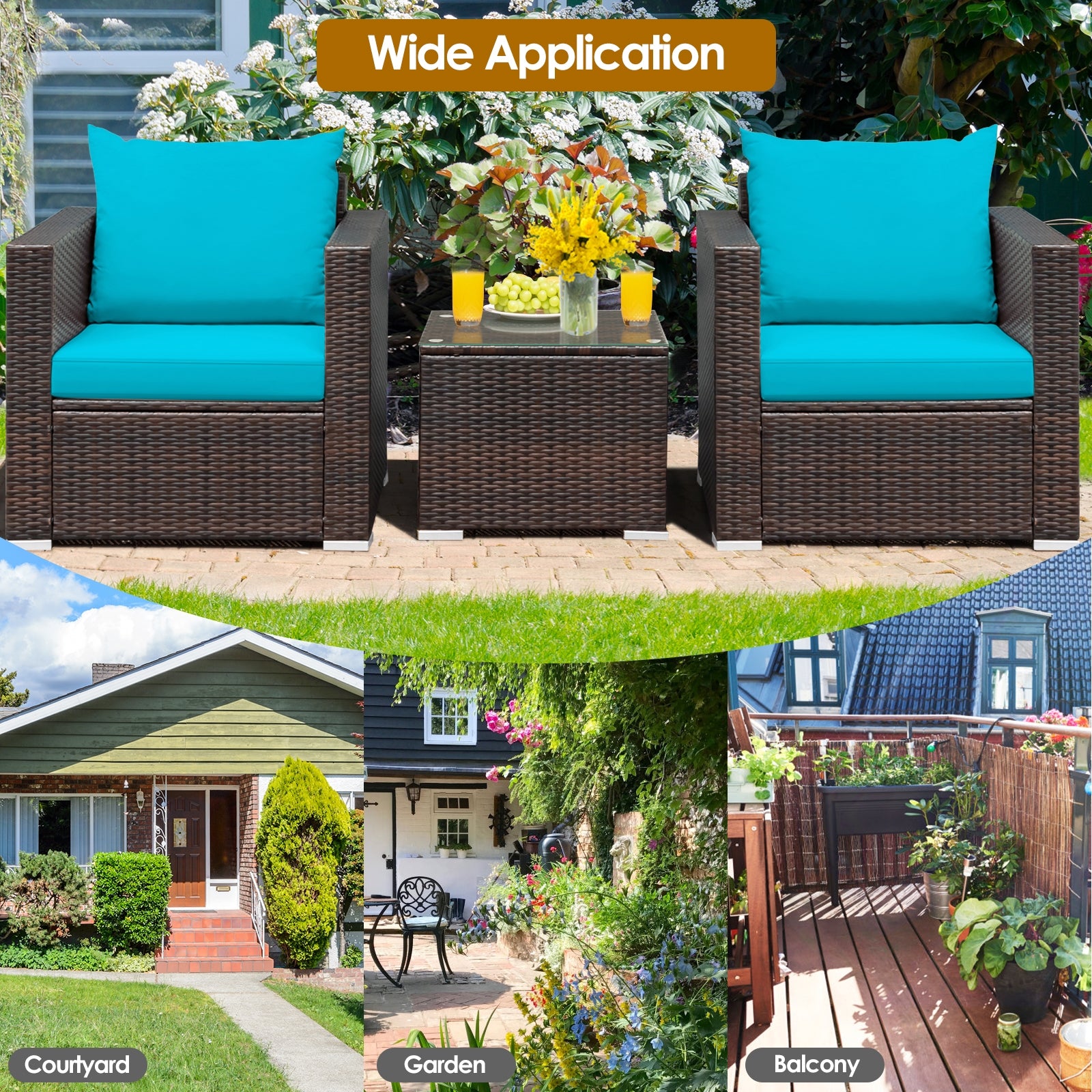 3 Pcs Patio Conversation Rattan Furniture Set with Cushion, Turquoise Patio Conversation Sets at Gallery Canada