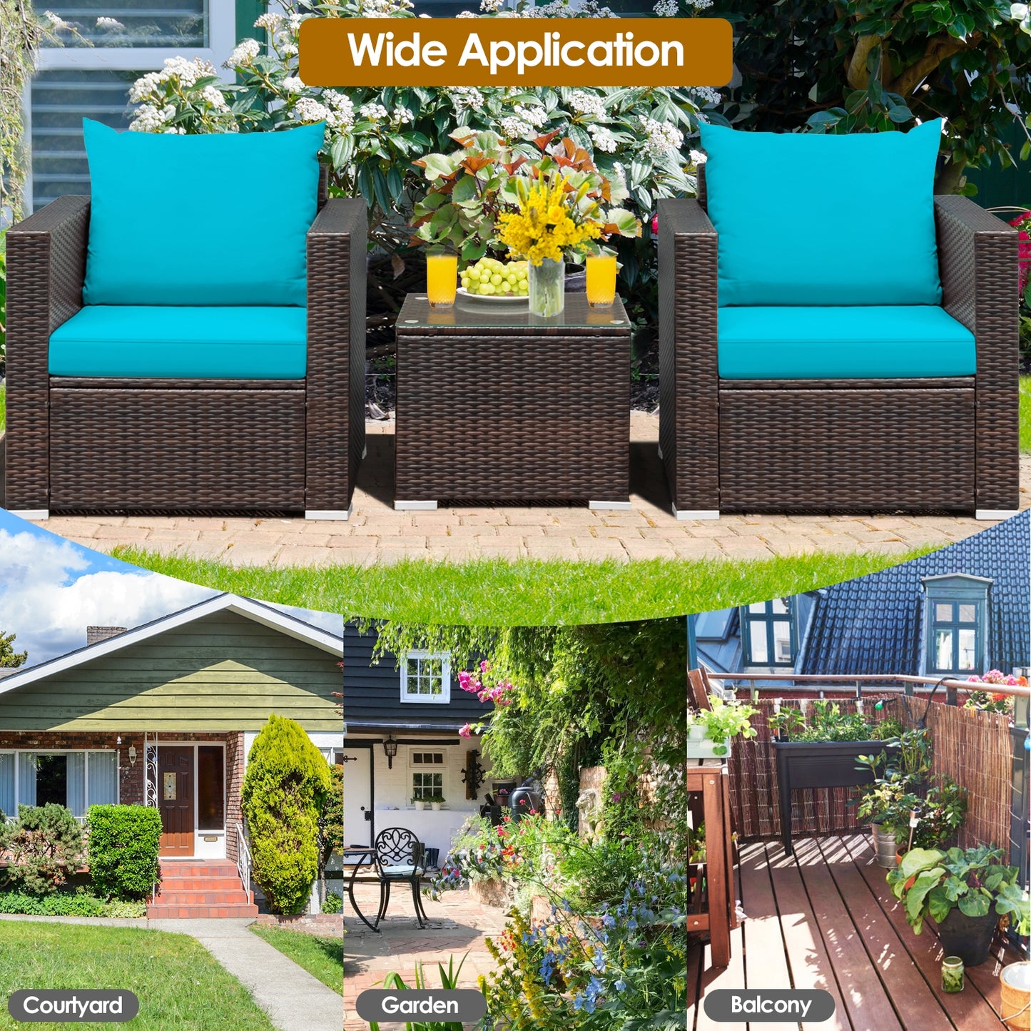 3 Pcs Patio Conversation Rattan Furniture Set with Cushion, Turquoise Patio Conversation Sets at Gallery Canada