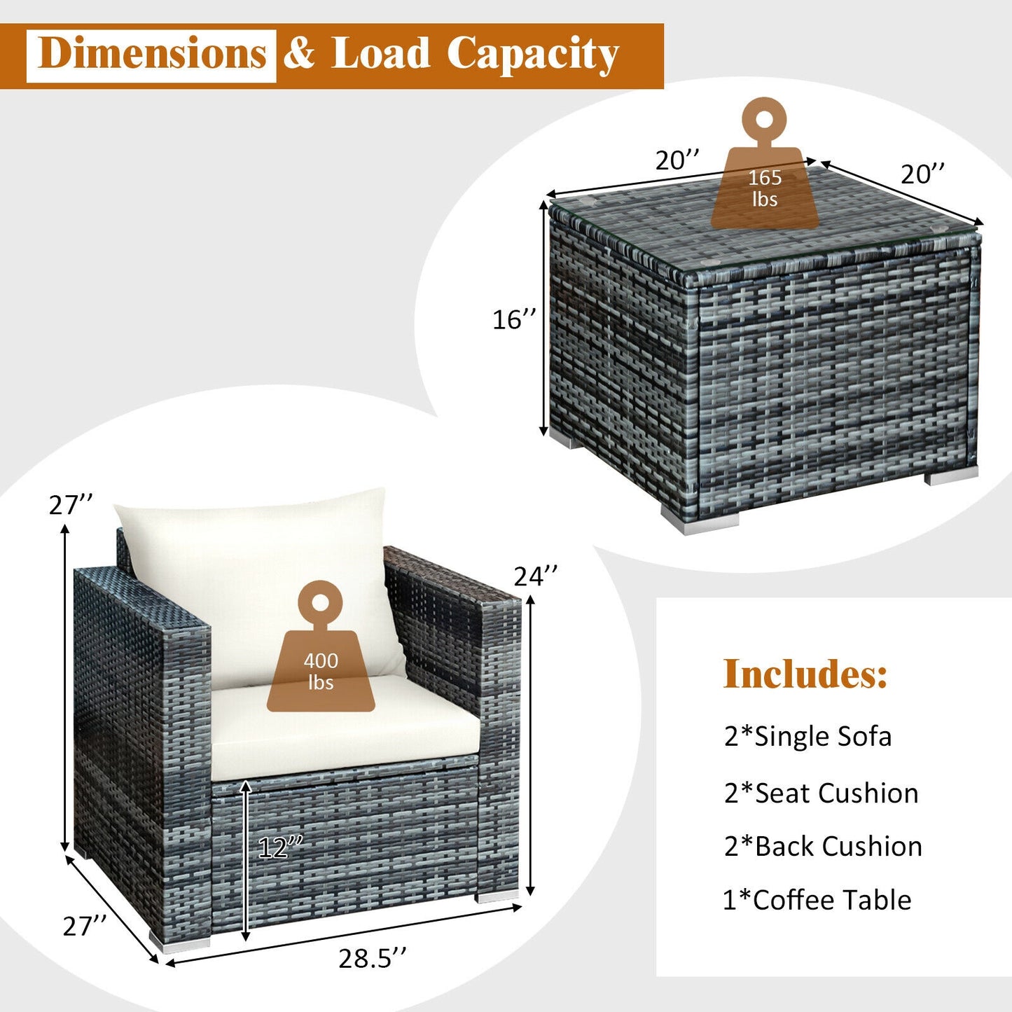 3 Pcs Patio Rattan Furniture Bistro Sofa Set with Cushioned, White Patio Conversation Sets at Gallery Canada