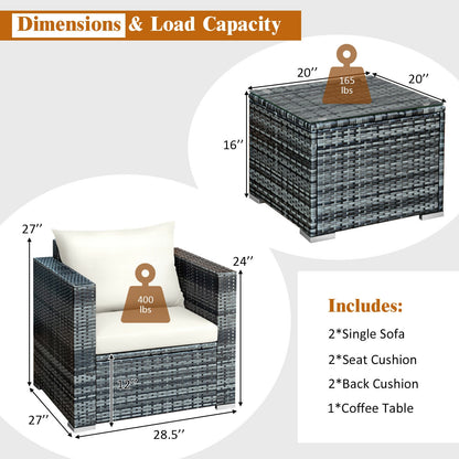 3 Pcs Patio Rattan Furniture Bistro Sofa Set with Cushioned, White Patio Conversation Sets at Gallery Canada