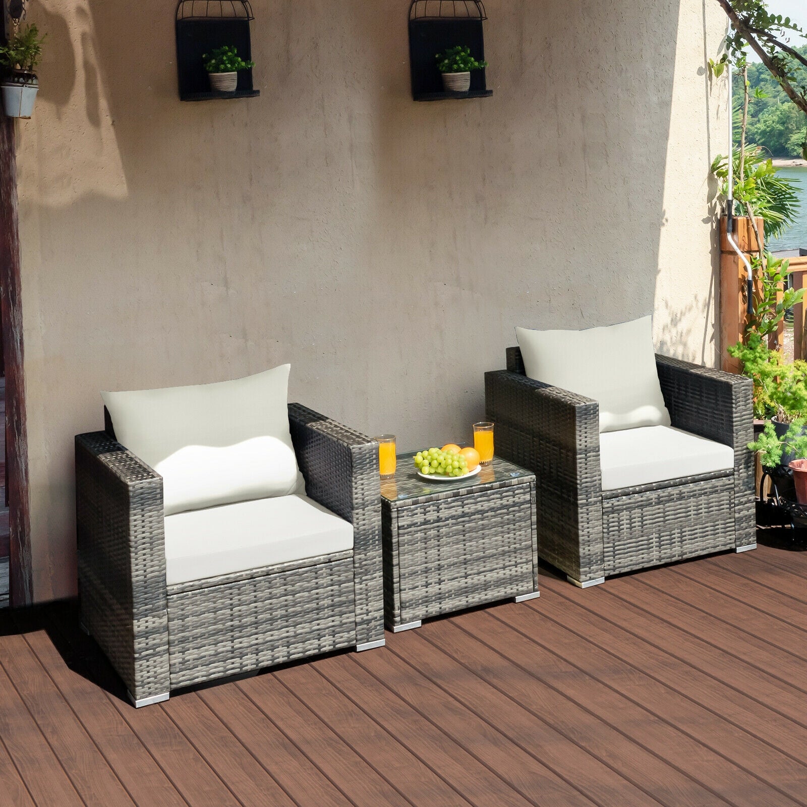 3 Pcs Patio Rattan Furniture Bistro Sofa Set with Cushioned, White Patio Conversation Sets at Gallery Canada