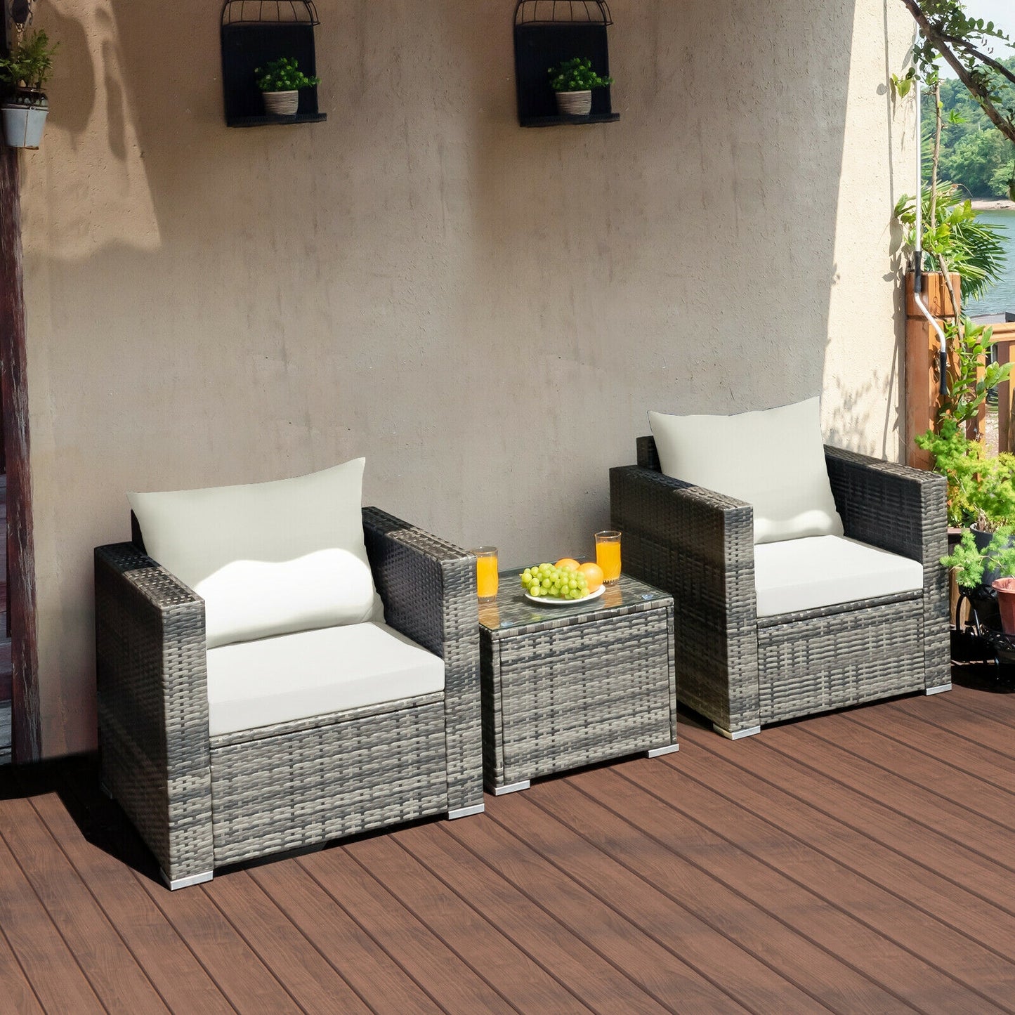 3 Pcs Patio Rattan Furniture Bistro Sofa Set with Cushioned, White Patio Conversation Sets at Gallery Canada