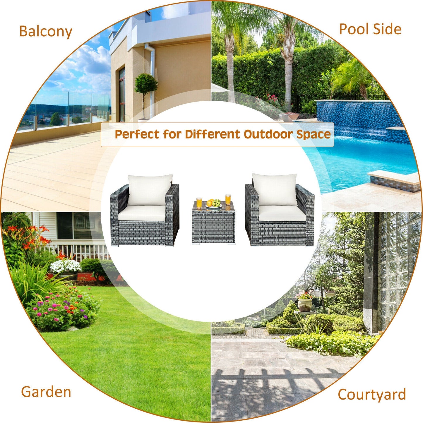 3 Pcs Patio Rattan Furniture Bistro Sofa Set with Cushioned, White Patio Conversation Sets at Gallery Canada