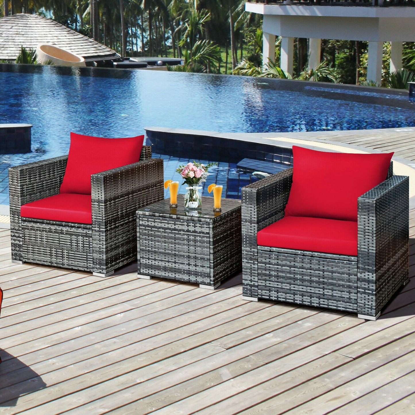 3 Pcs Patio Rattan Furniture Bistro Sofa Set with Cushioned, Red Patio Conversation Sets at Gallery Canada