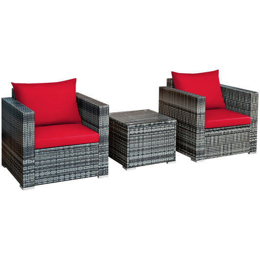 3 Pcs Patio Rattan Bistro Sofa Set, Cushioned, Red
