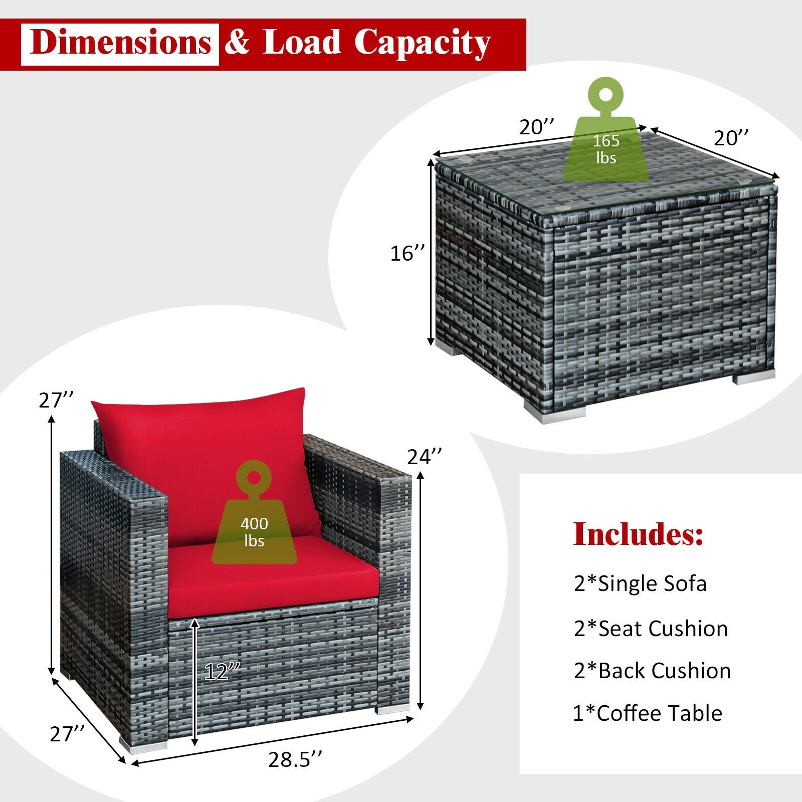 3 Pcs Patio Rattan Furniture Bistro Sofa Set with Cushioned, Red Patio Conversation Sets at Gallery Canada