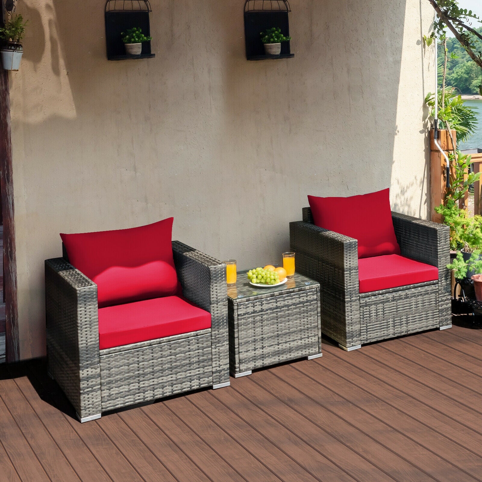 3 Pcs Patio Rattan Furniture Bistro Sofa Set with Cushioned, Red Patio Conversation Sets at Gallery Canada
