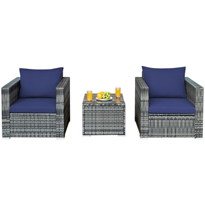 3 Pcs Patio Rattan Furniture Bistro Sofa Set with Cushioned, Navy Patio Conversation Sets at Gallery Canada