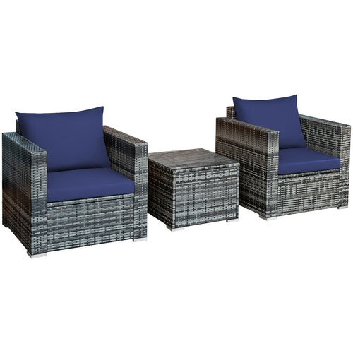 3 Pcs Patio Rattan Bistro Sofa Set, Cushioned, Navy